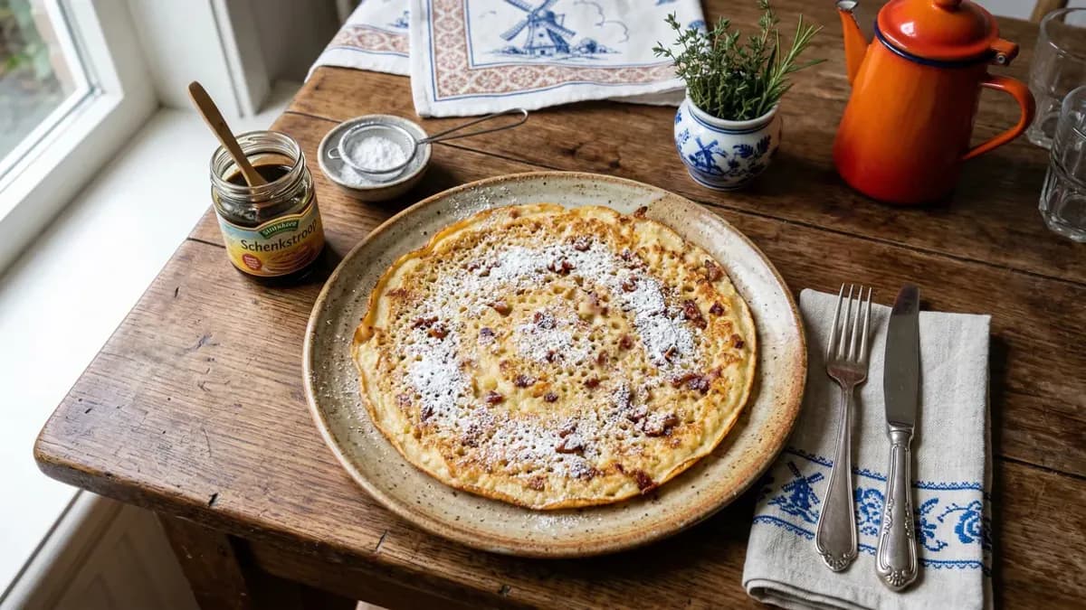 Golden Dutch pancake on a plate with powdered sugar, top-down view in a cozy kitchen, Dutch pancake calories