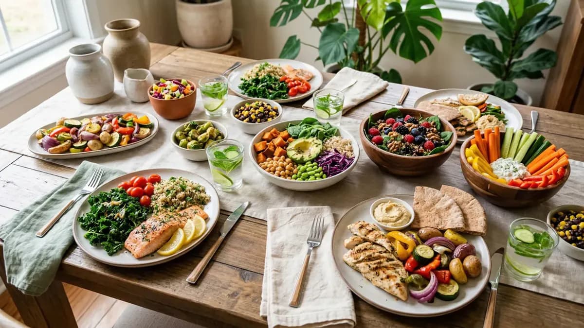 Satisfying balanced meals for weight loss — abundance of healthy food photography