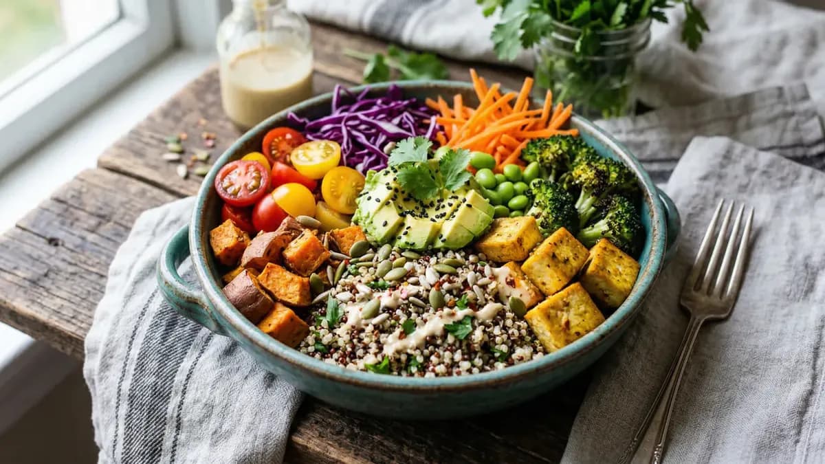 Kleurrijke vegan bowl met tofu, quinoa, groenten en zaden op een houten tafel — een voorbeeld van gevarieerde plantaardige voeding
