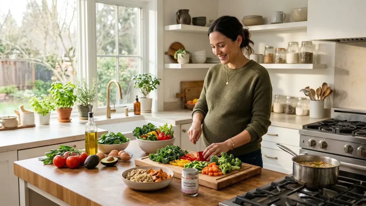 Pregnant woman preparing a healthy meal with vegetables and wholegrains in a bright kitchen