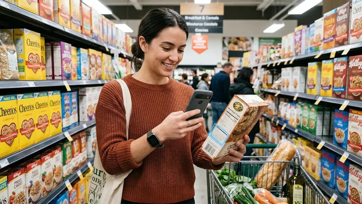 Een smartphone toont een voeding scannen app die de voedingswaarden van een pak melk analyseert, met grafieken en cijfers.