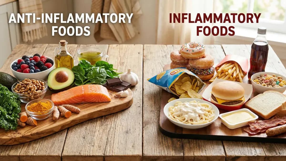 Side-by-side comparison of anti-inflammatory foods like salmon, turmeric and olive oil versus inflammatory foods like fries and sugary drinks