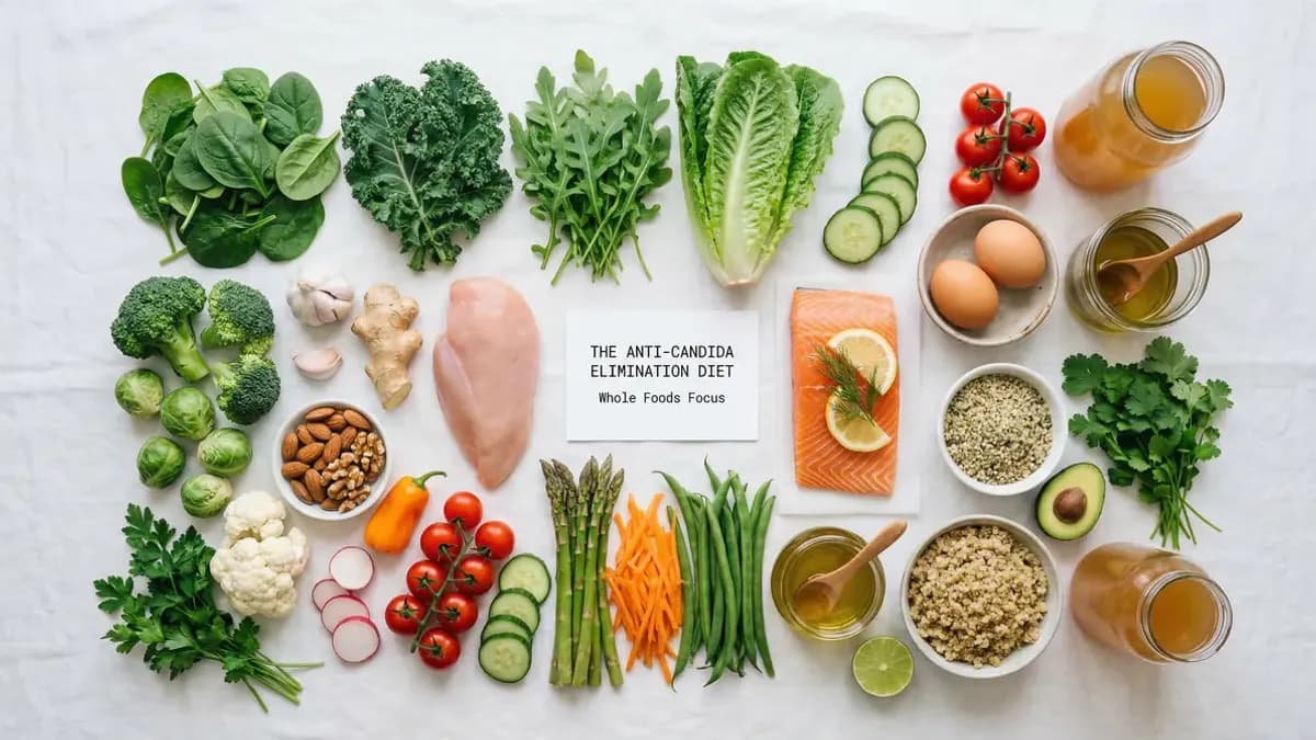 Anti-candida diet foods including vegetables, nuts and unsweetened yoghurt on a white surface — elimination protocol for candida overgrowth
