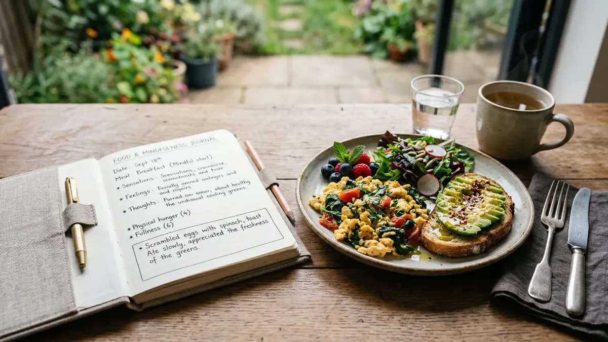 Open food diary next to a healthy meal, with a pen and smartphone placed on the table