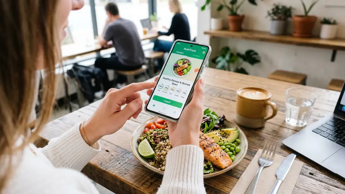 Comparison of the best food tracking apps on a smartphone — Moveno, MyFitnessPal, YAZIO, FatSecret and Lifesum shown alongside healthy food items