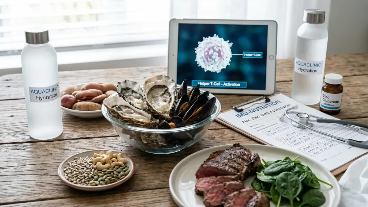 Zinc-rich foods including oysters, pumpkin seeds and beef