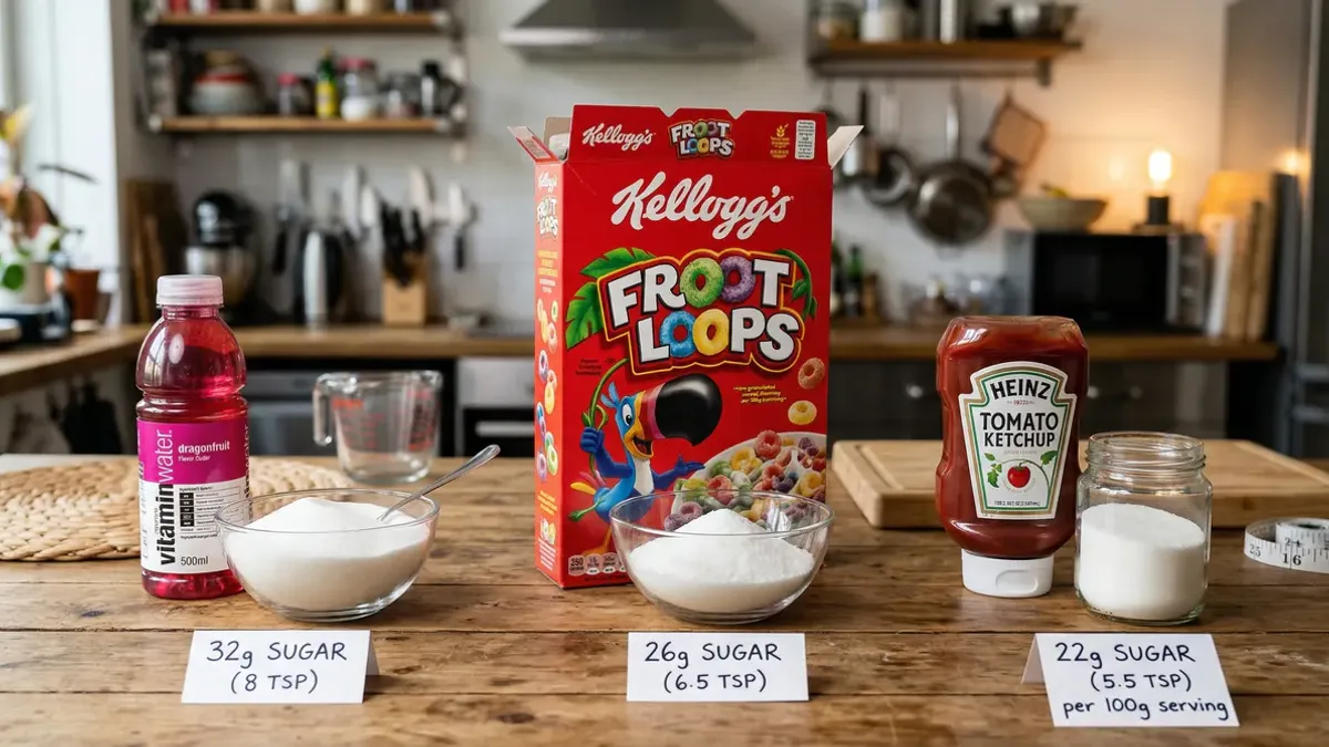 Everyday supermarket products with hidden sugar amounts revealed — fruit yoghurt, muesli, pasta sauce, and ketchup